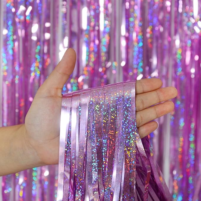 Melsan 3 Pack 3.2 x 8.2 ft Sparkling Pinkish Purple Tinsel Fringe Curtain - Image 5