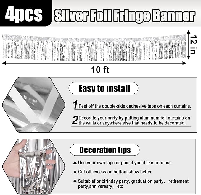 4 Pack 10 Feet Silver Foil Fringe Garland Metallic Tinsel Streamers Banner Wall - Image 2