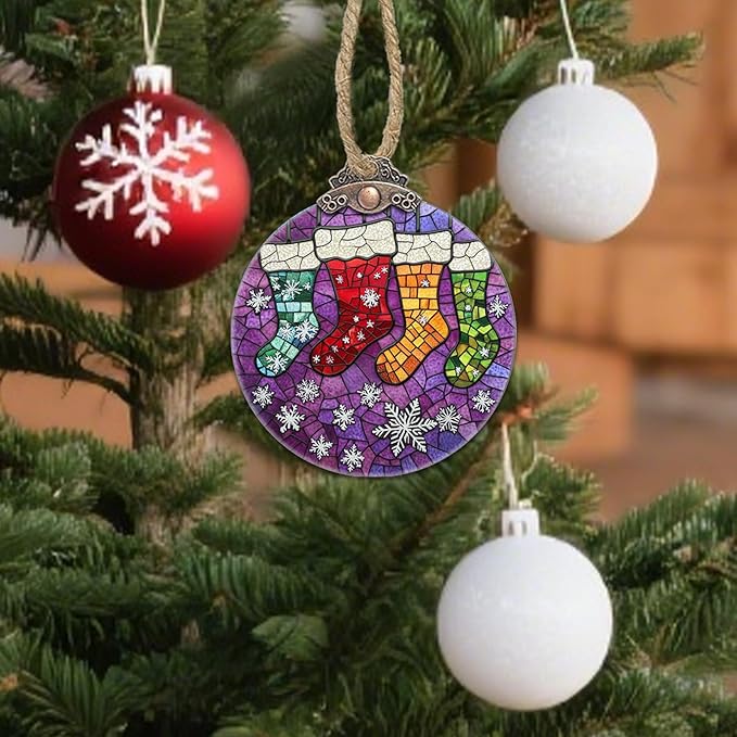 Stained Glass Christmas Decorations, Colorful Stockings Purple Suncatcher - Image 4