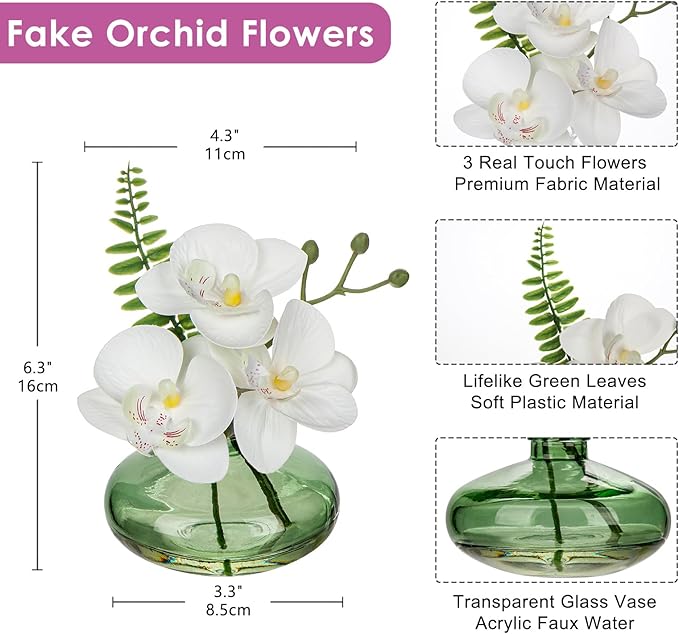 White Orchids Artificial Flowers Faux Orchids Arrangement in Light Green Glass - Image 2