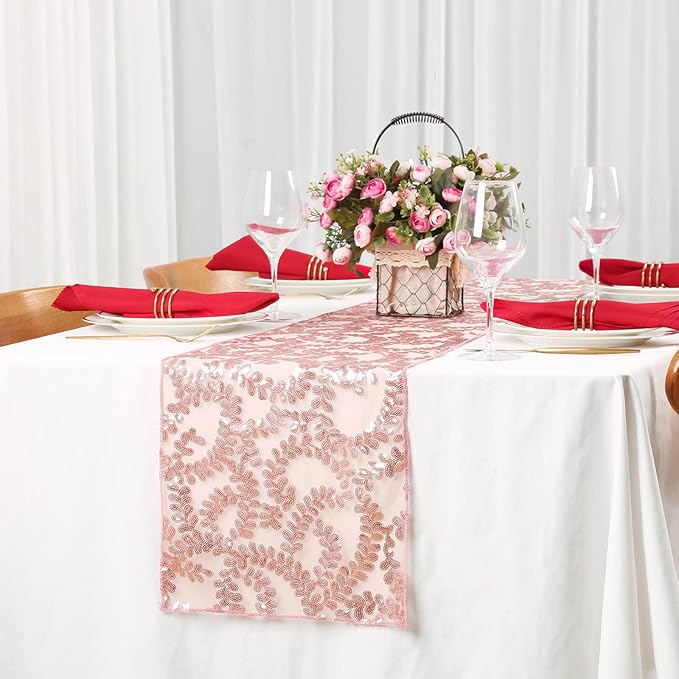 Sequin Table Runners 2 Pieces Rose Gold Flower Table Runners 12x72 Inch Glitter - Image 5