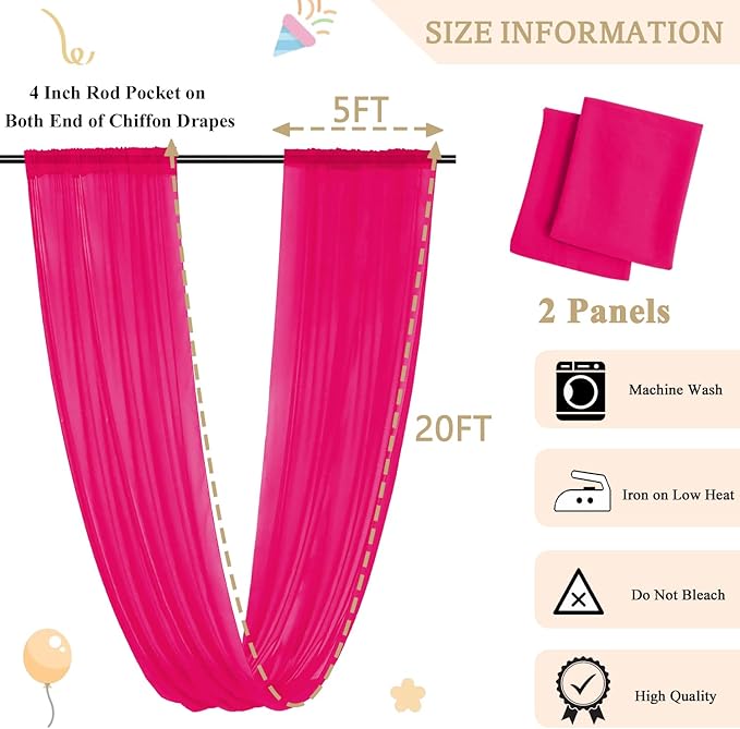 MODFUNS Wedding Ceiling Drapes Hot Pink Ceiling Drapery 5x20ft 2 Panels Sheer - Image 2