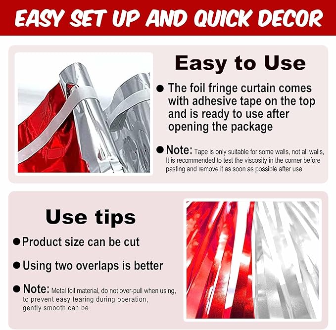 6 Pack Red and Silver Foil Fringe Curtains Backdrop, 3.28 x 8.2 Ft Metallic - Image 3