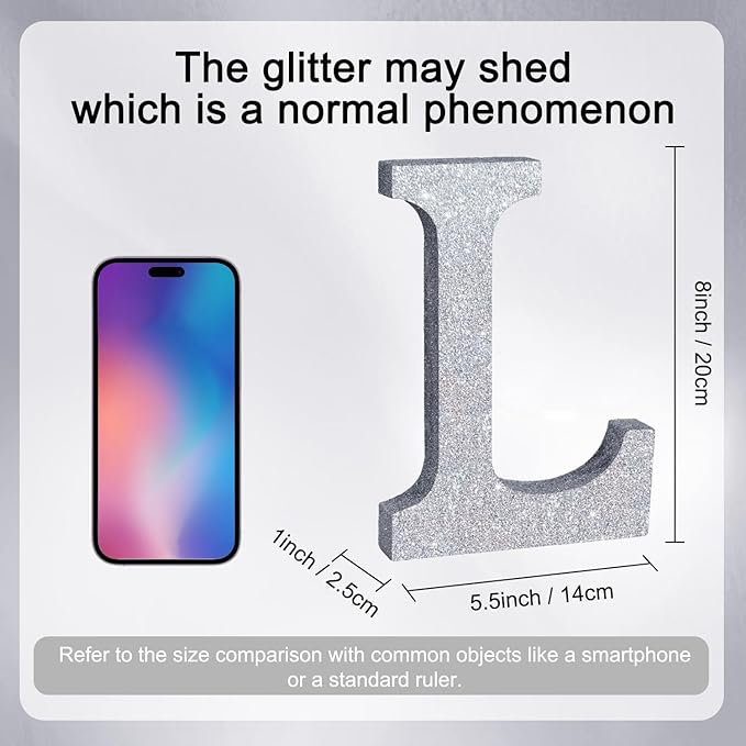 TONIFUL 8 Inch Silver Glitter Letter L Table Centerpiece A-Z Silver Birthday - Image 2