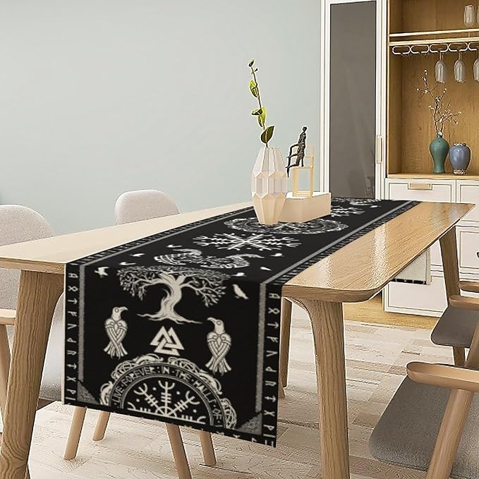 Ancient Abstract Pattern Table Runner, Tree of Life Eagle Dragon Boat Rudder - Image 7