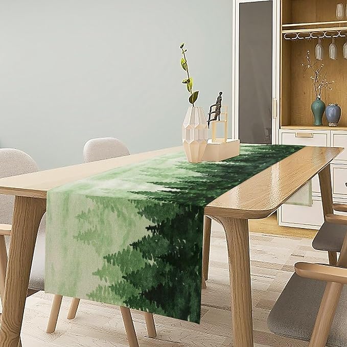 Foggy Forest Table Runner, Watercolor Wreen Misty Forest Landscape Table Runner - Image 2