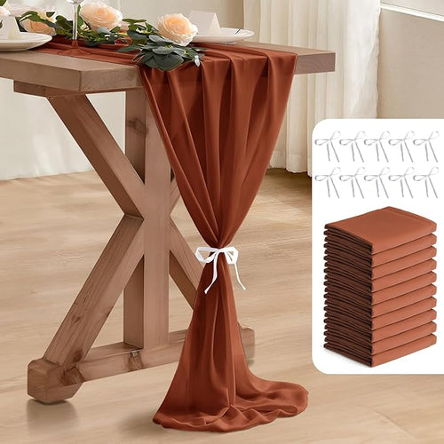 10 Pack 10 Ft Chiffon Table Runner Rust Gauze Long Table Runners 27x120 Inches by BEELIFY