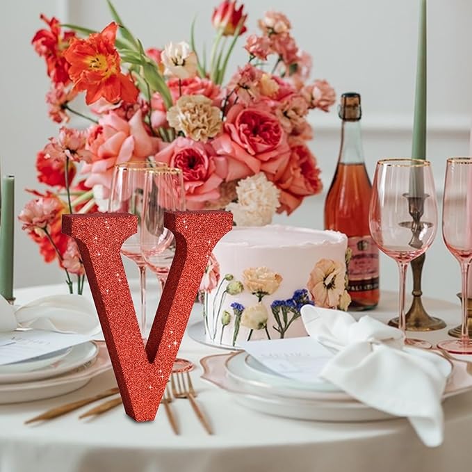 TONIFUL 8 Inch Red Glitter Letter V Table Centerpiece A-Z Red Birthday Party - Image 6