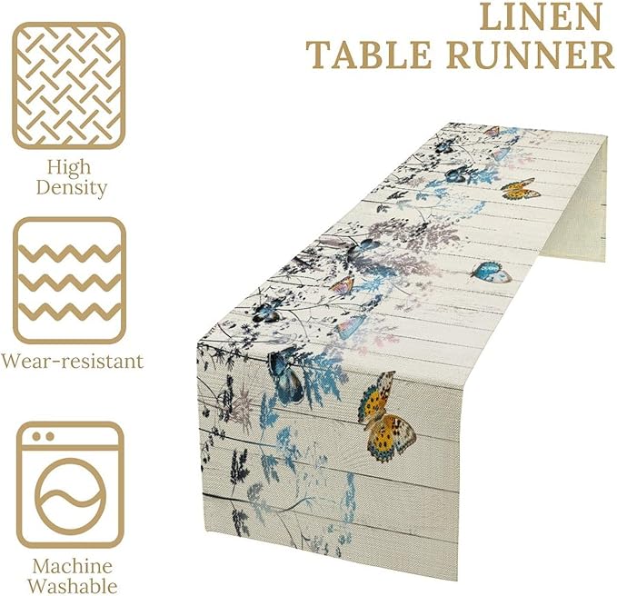 Nature Dandelion Table Runner, Rustic Floral Wood Plank Butterfly Girl Women - Image 3