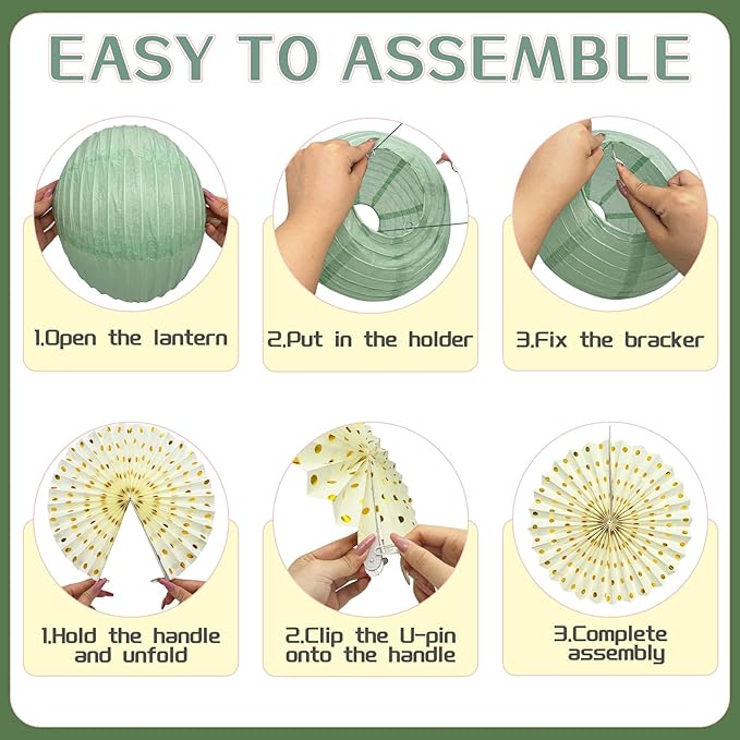 15Pcs Sage Green Party Decorations, Hanging Paper Lanterns Paper Fans Tissue - Image 3