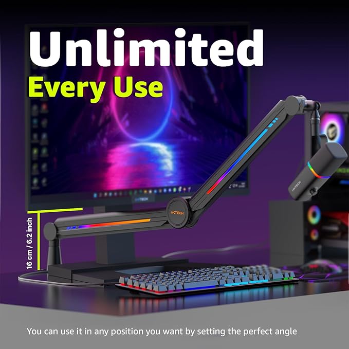 IXTECH RGB Mic Boom Arm High Profile, Overhead Boom Arm Microphone Stand Desk - Image 5