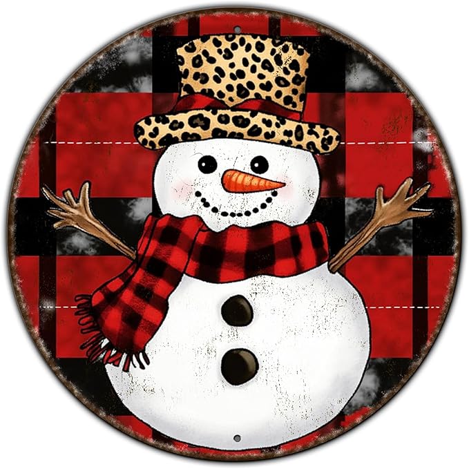 Round Christmas Snowman Tin Sign Vintage Snowman Sign Rustic Wall Decor by GJXFTPTTBD