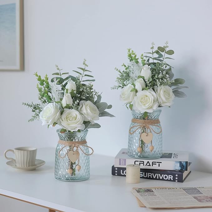 Faux Flowers with Vase, Artificial Silk Roses in Vase, Fake Plant Eucalyptus - Image 5