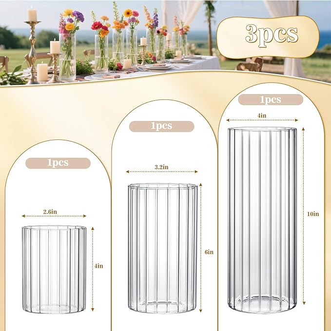 3 Pack Ribbed Glass Cylinder Vases 4, 10 Inch Tall Clear Flower Vase Hurricane - Image 2