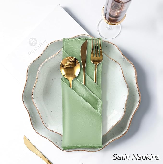 P Pothuiny 24 Pcs Silky Sage Green Satin Napkins 17 x 17 Inches, Square Smooth - Image 5