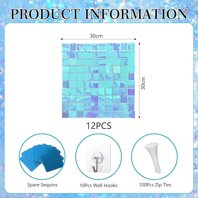 12PCS Colorful Ice Blue Shimmer Wall Backdrop, Square Sequin Photo Backdrops - Image 2