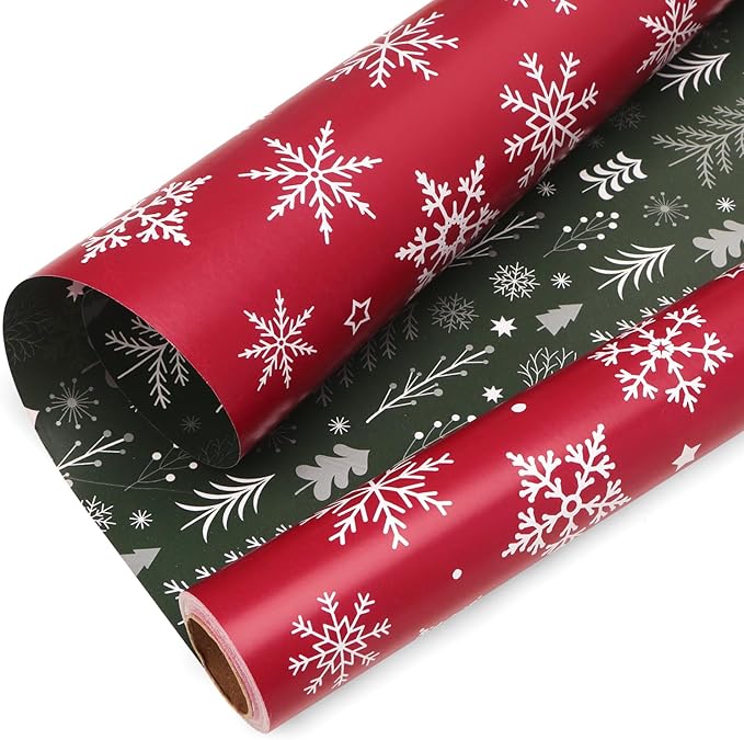 Ribbli Christmas Wrapping paper Reversible Snowflake and Christmas Tree Red by Ribbli