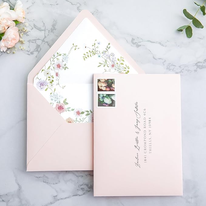 PONATIA 50PCS A7 Euro Flap Envelopes, 5.25 x 7.25'' Blush Pink Flowers Liner - Image 4