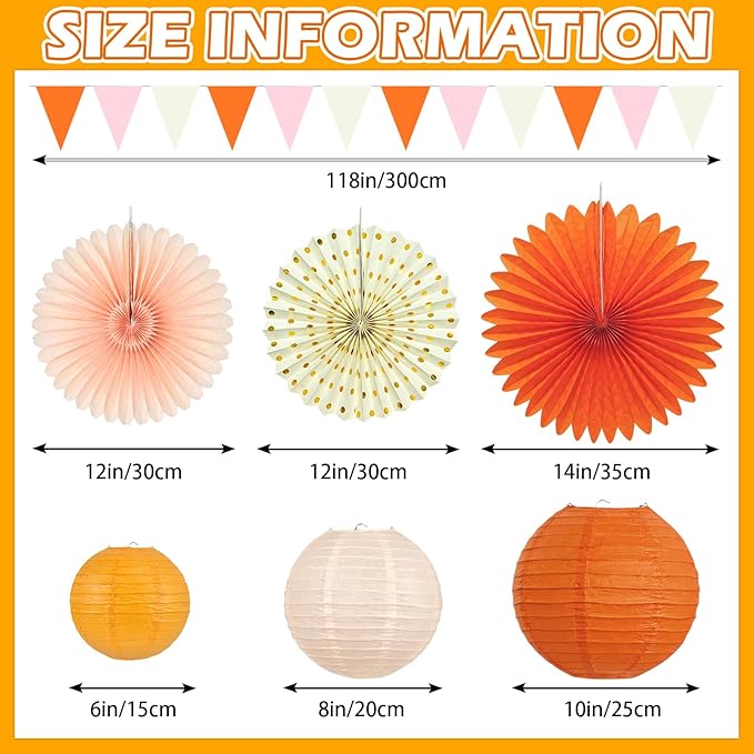 15Pcs Autumn Pink and Orange Party Decorations, Hanging Orange Paper Lanterns - Image 2