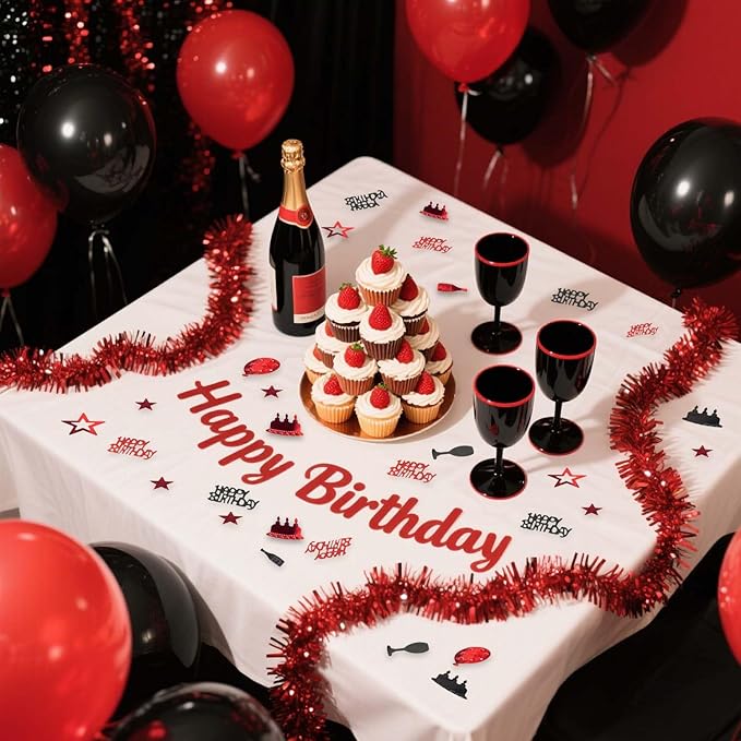 Red Black Happy Birthday Confetti, Birthday Decorations Confetti Metallic Foil - Image 3