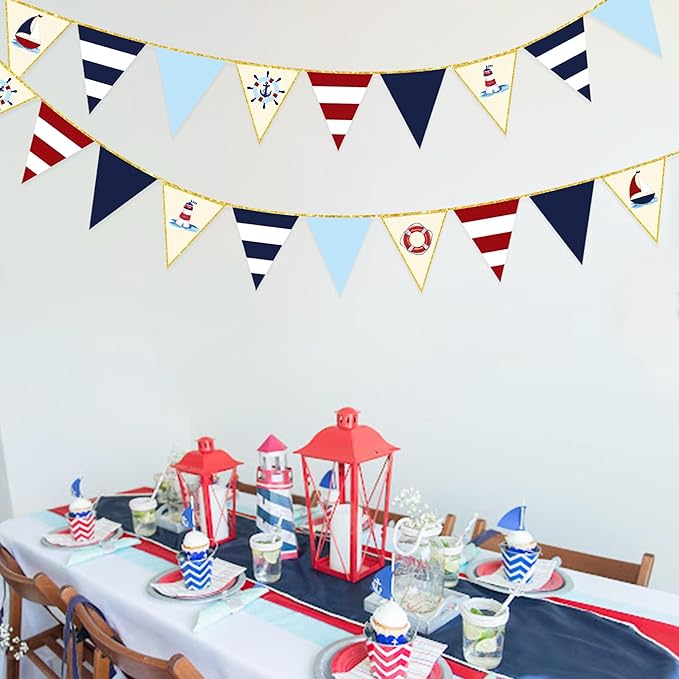 Navy Red Beige Gold Glitter Stamping Paper Pennant Banner Flag Triangle Bunting - Image 8
