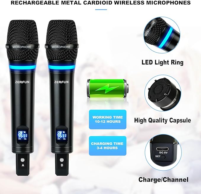 4 Channel Rechargeable Wireless Microphone System, Pro UHF Metal Handheld - Image 3