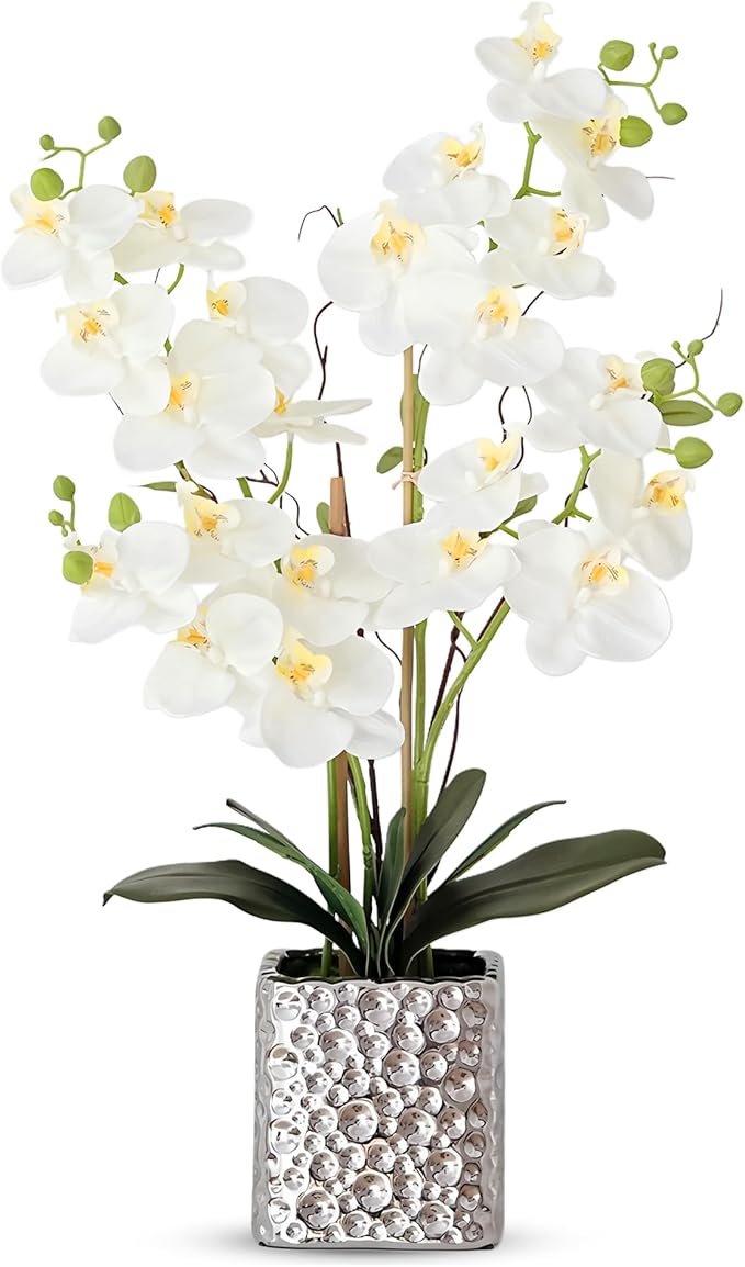 Orchid Artificial Flowers with Sliver Vase Large Silk Faux Phalaenopsis Flowers by ABetterDayStartsHere