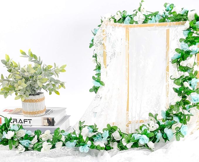Miracliy 9Pcs 74FT Blue and White Flower Garland Artificial Rose Arch Vines - Image 6