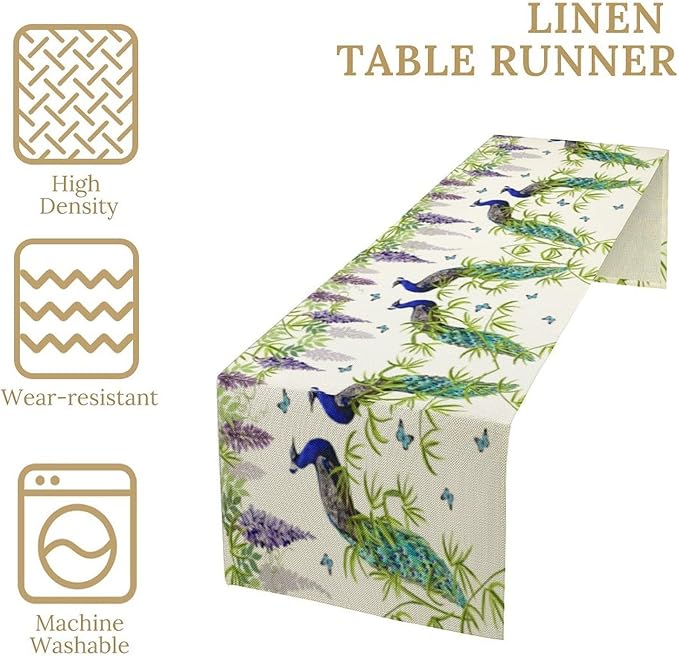 Peacock Table Runner, Spring Plant Butterfly Print Seasonal Table Runner - Image 4