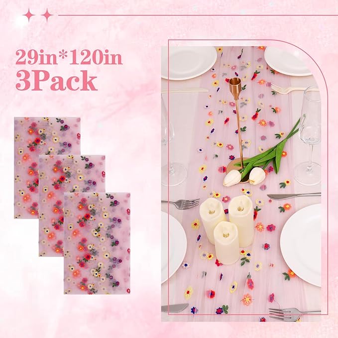 3PCS Pink Floral Table Runner 10 FT, Embroidery Daisy Table Runners Seasonal - Image 2