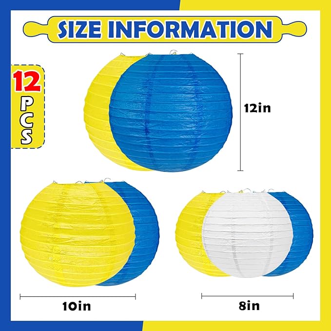 12Pcs Blue and Yellow Party Decorations Hanging Round Paper Lanterns Assorted - Image 2