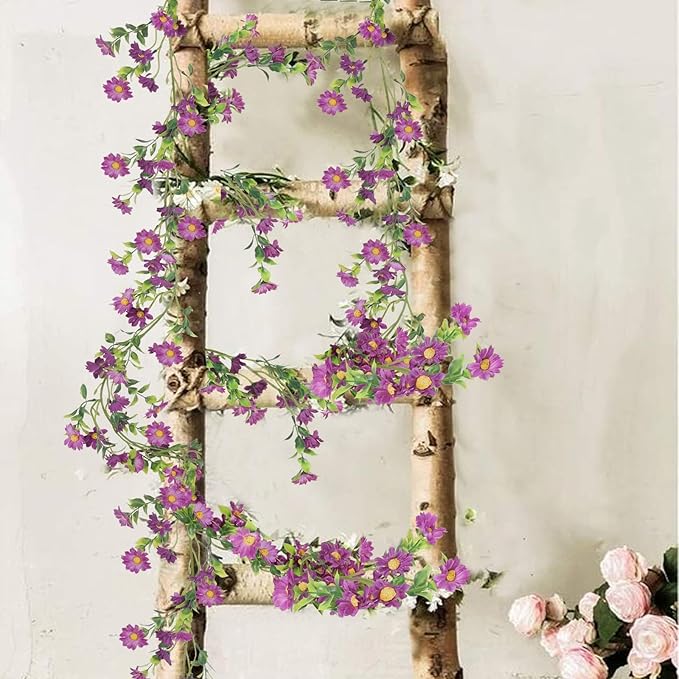 2 Pack Artificial Purple Flower Garland Silk Daisy 13FT Fake Vines Purple - Image 4