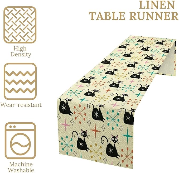 Mid Cat Table Runner, Vintage Black Cat and Atomic Stars 1950s 1960s Abstract - Image 5