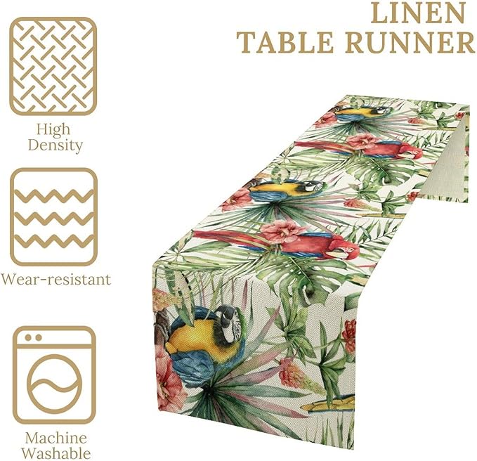 Parrot Table Runner, Tropical Palm Leaf Colorful Macaw Bird Watercolor Print - Image 2