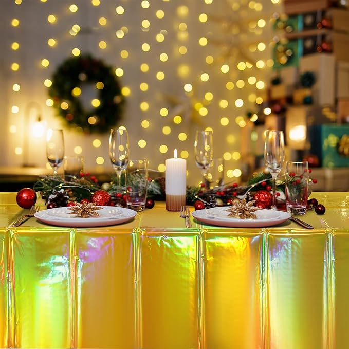 8 Pack Gold Iridescent Plastic Tablecloths Shiny Disposable Laser Rectangle - Image 7