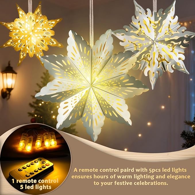 5 Pcs Christmas Paper Snowflake Lanterns, Large 3D Christmas Paper Star Lanterns - Image 5