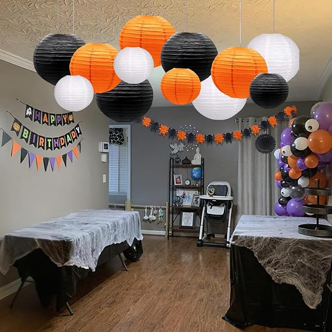 Orange Black White Paper Lanterns Decorative 12pcs Halloween Hanging Decorations - Image 6