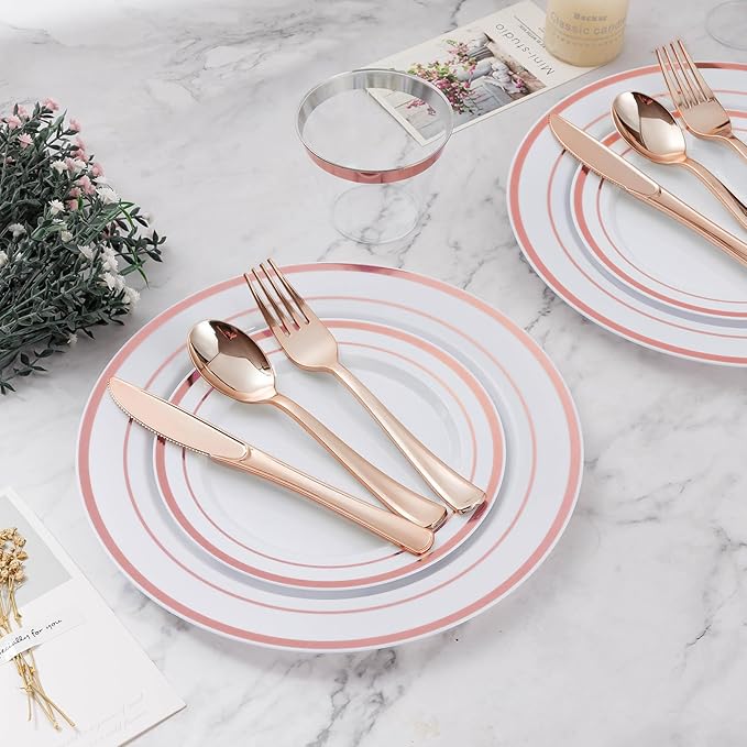 BESTVIP 450PCS Plastic Dinnerware Set, Rose Gold Disposable Plates - Image 4
