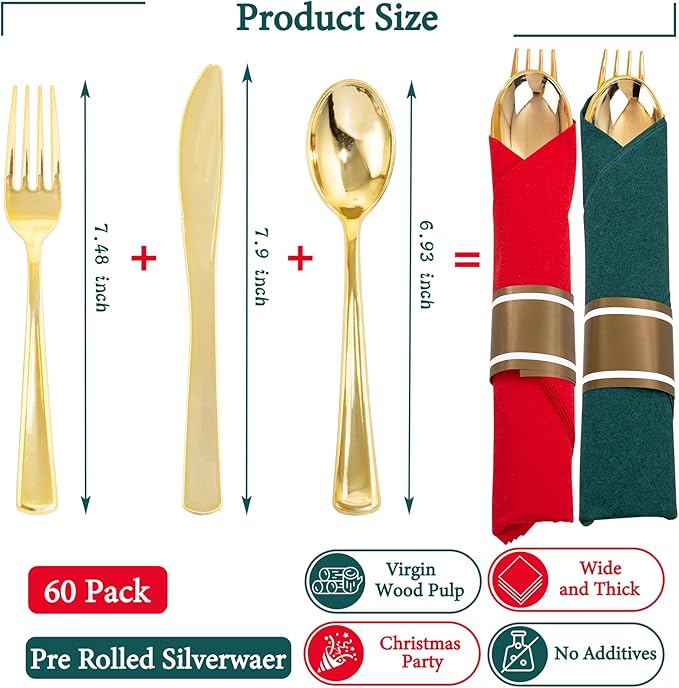 Supernal 240pcs Christmas Rolled Plastic Silverware, Wrapped Plastic Cutlery Set - Image 2
