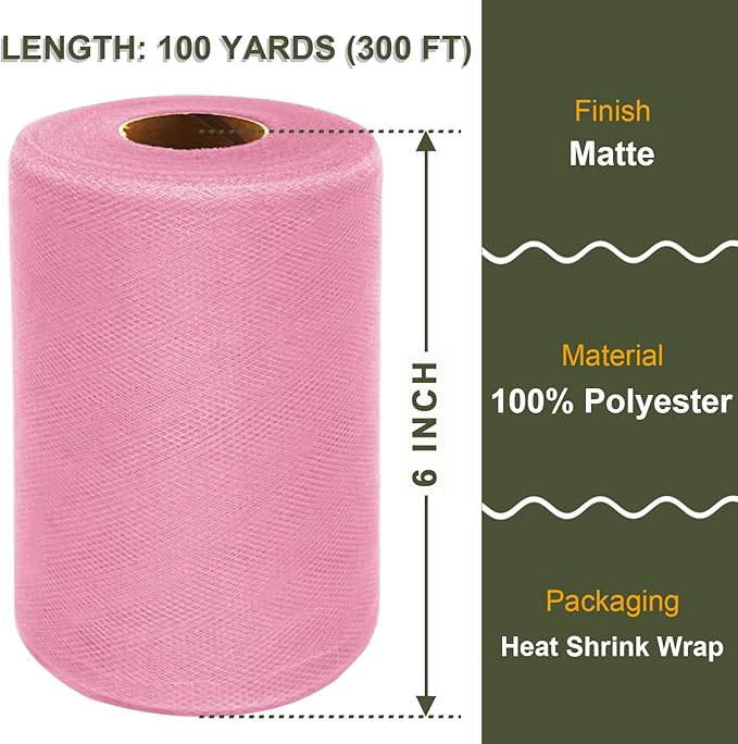 Pink Tulle Fabric Roll 6 Inch X 300 FT Matte Tulle Ribbon Netting Mesh Spool - Image 2