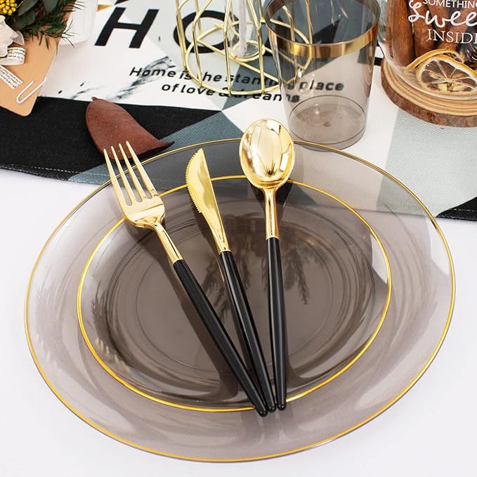 Supernal 180pcs Black Plastic Dinnerware Set Include Gold and Black Plates - Image 3