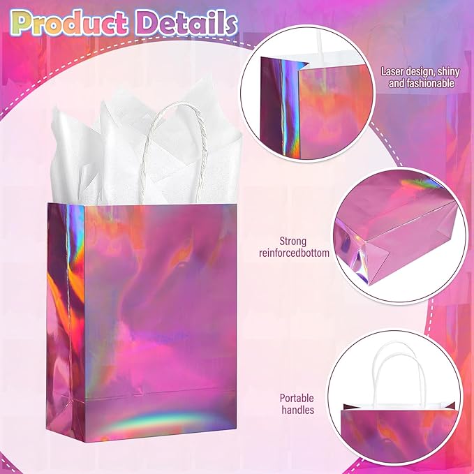 24 Pcs Iridescent Pink Gift Bags Decorations, Holographic Foil Party Favor Bags - Image 3