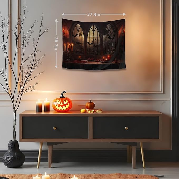 QGHOT Halloween Tapestry Wall Hanging Horror Castle Window Tapestry Gothic - Image 4