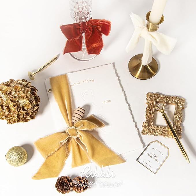 Ribbli Champagne Gold Velvet Ribbon 1.5 Inch Handmade Frayed Vintage Christmas - Image 5
