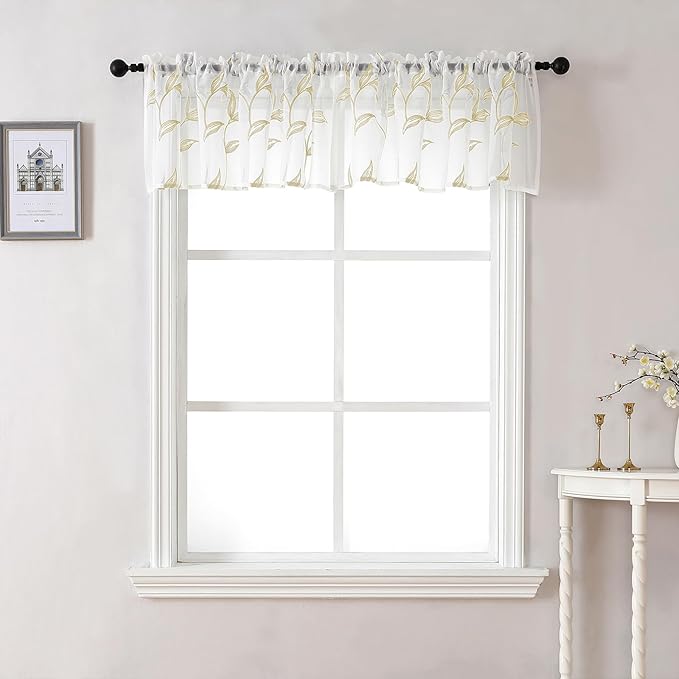 VISIONTEX Sheer Voile Curtain Valances, Decorative Leaves Embroidered, Rod by VISIONTEX