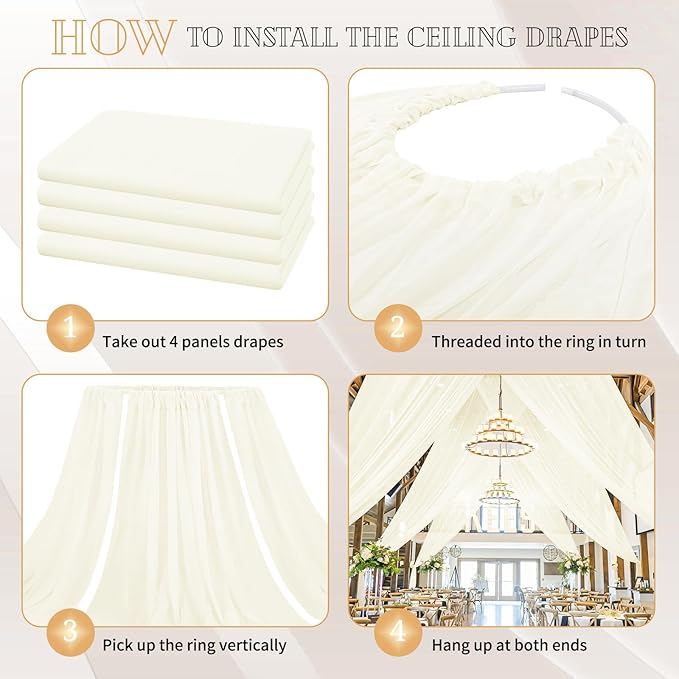 4 Panels Ivory Ceiling Drapes for Wedding 5ftx20ft Sheer Drapery Chiffon Fabric - Image 4