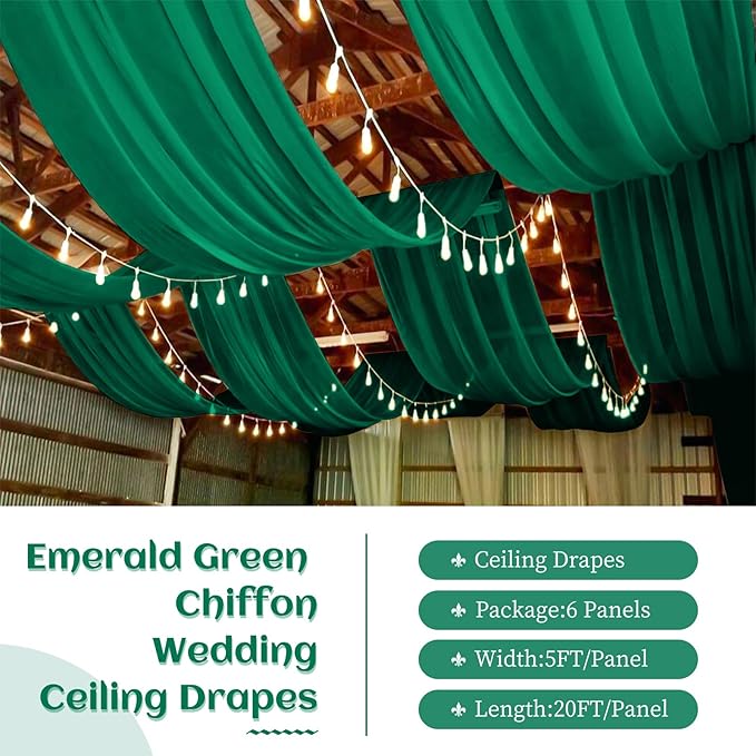 6 Panels Emerald Green Wedding Ceiling Drapes 5ftx20ft Ceiling Drapes Chiffon - Image 3