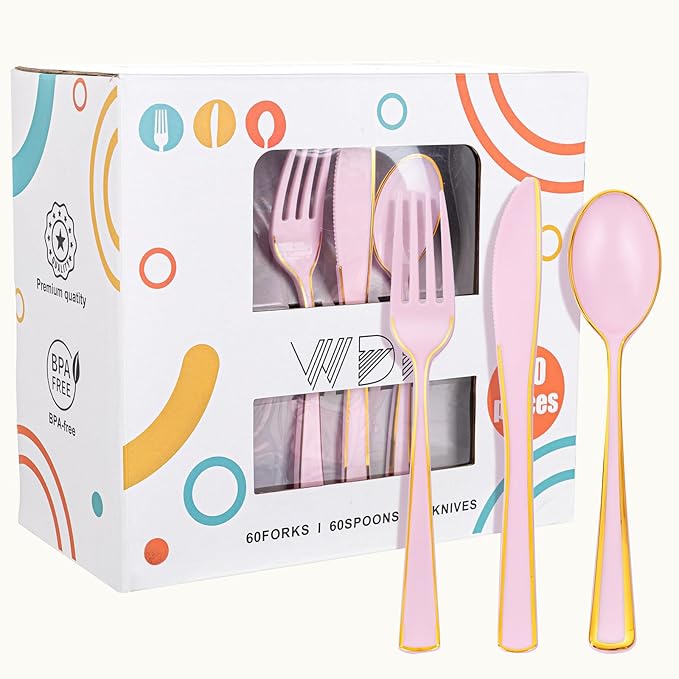 WDF 180 Pieces Pink Plastic Silverware by WDF