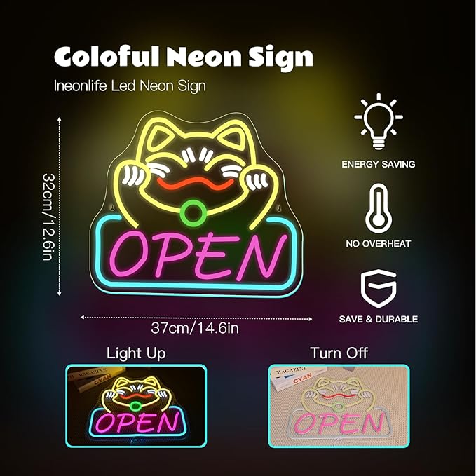 Ineonlife Lucky Cat Open Neon Sign Cute Cat Neon Signs - Image 3