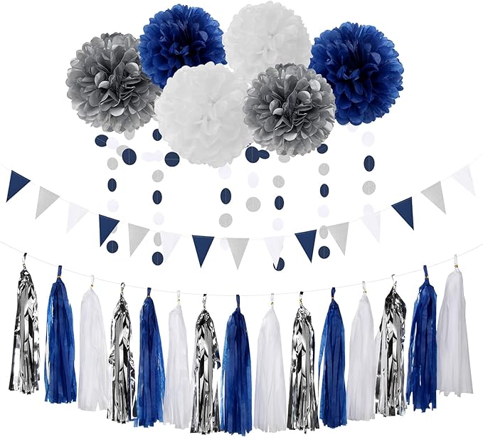 Navy Blue White Silver Party Decorations, Tassel Garland Banner Flowers by LastingSurprise